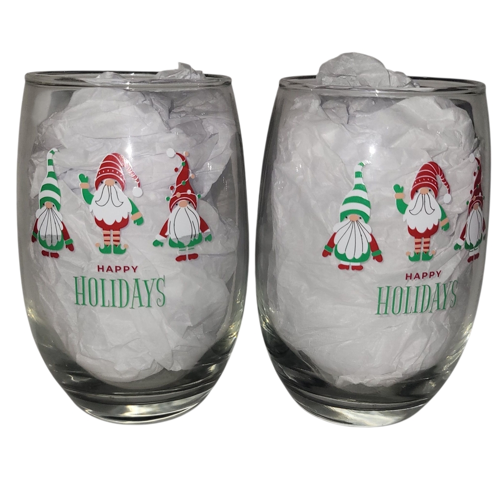 2 Piece Festive Holiday Stemless Wine Glass Set with Santa Design